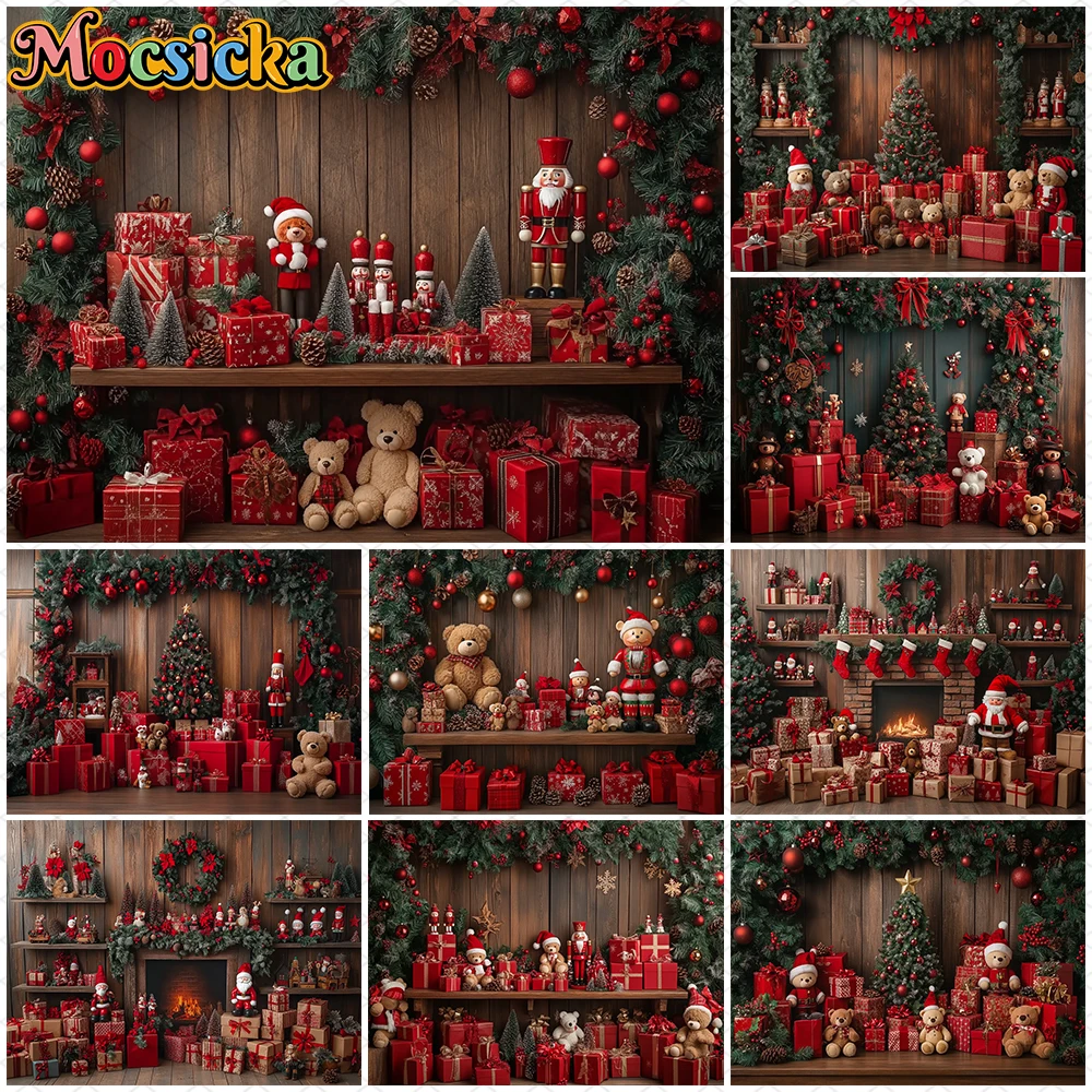 

Mocsicka Christmas Photography Background Happy New Year Party Wooden Floor Wall Xmas Tree Bear Gift Decor Family Photo Backdrop