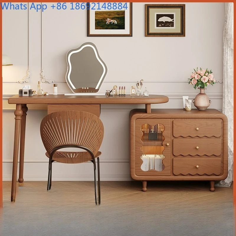 French style dressing table vintage design compact all in one solid wood makeup desk with movable extension storage chest