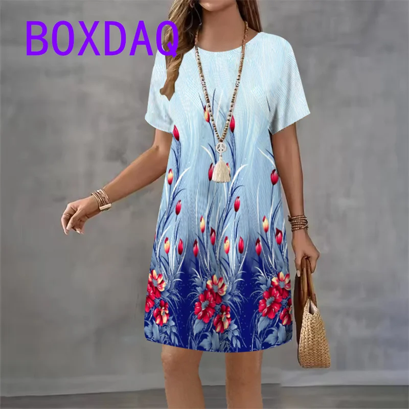 Vintage Floral Print Women Dress Loose Casual Short Sleeve O-Neck A-Line Dress Summer Ladies Flower Dress