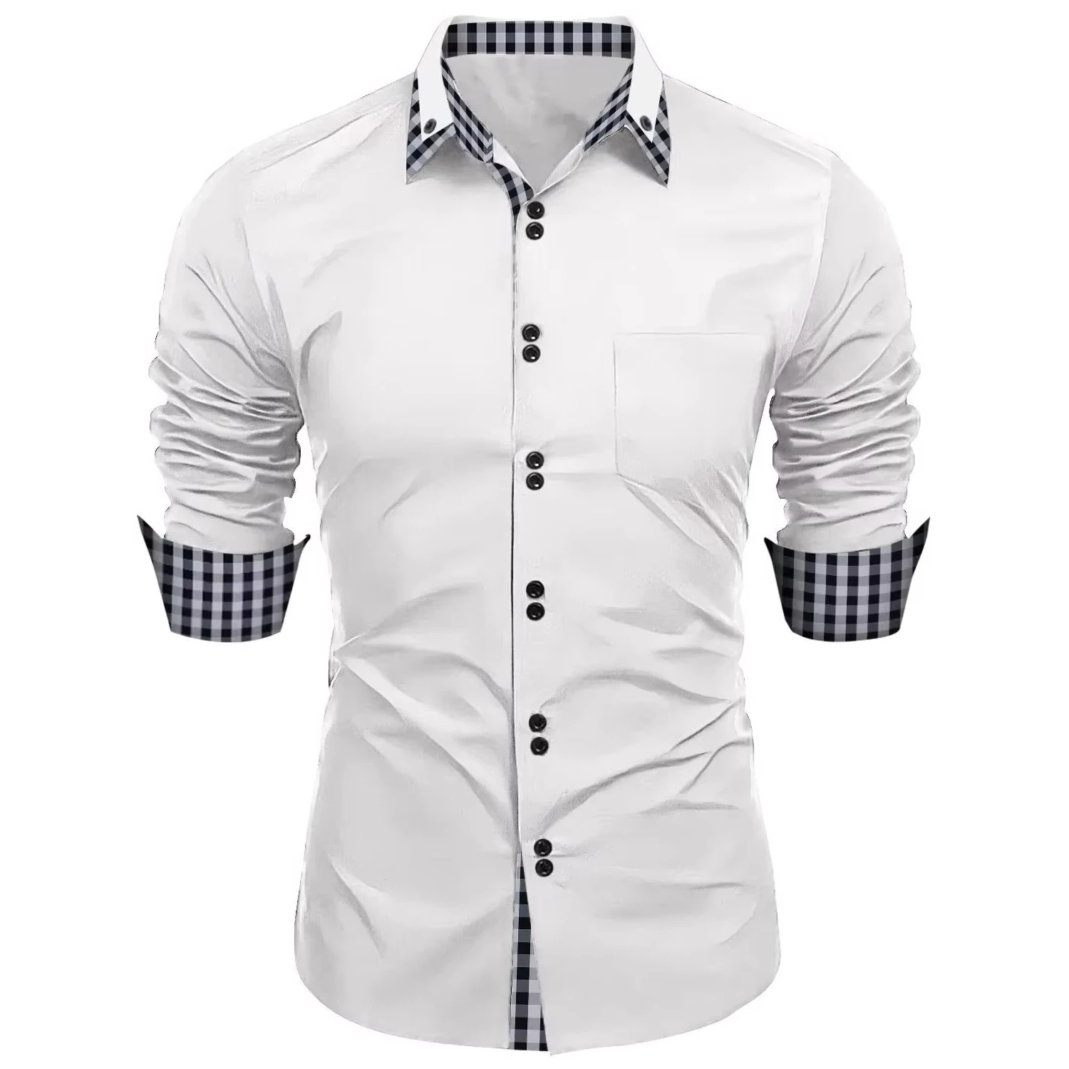 Checkered Color Block Dress Shirt For Men, Slim Fit Business Casual Long Sleeve Shirts Man, Spring Autumn Button Up Mans Shirts