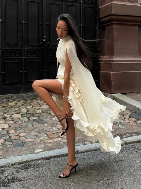 Women Solid Ruffle  Maxi Dress Fashion Lapel V-neck Sleeveless Pleated High Waist Chic Dresses 2026 Summer Lady Vacation Robes