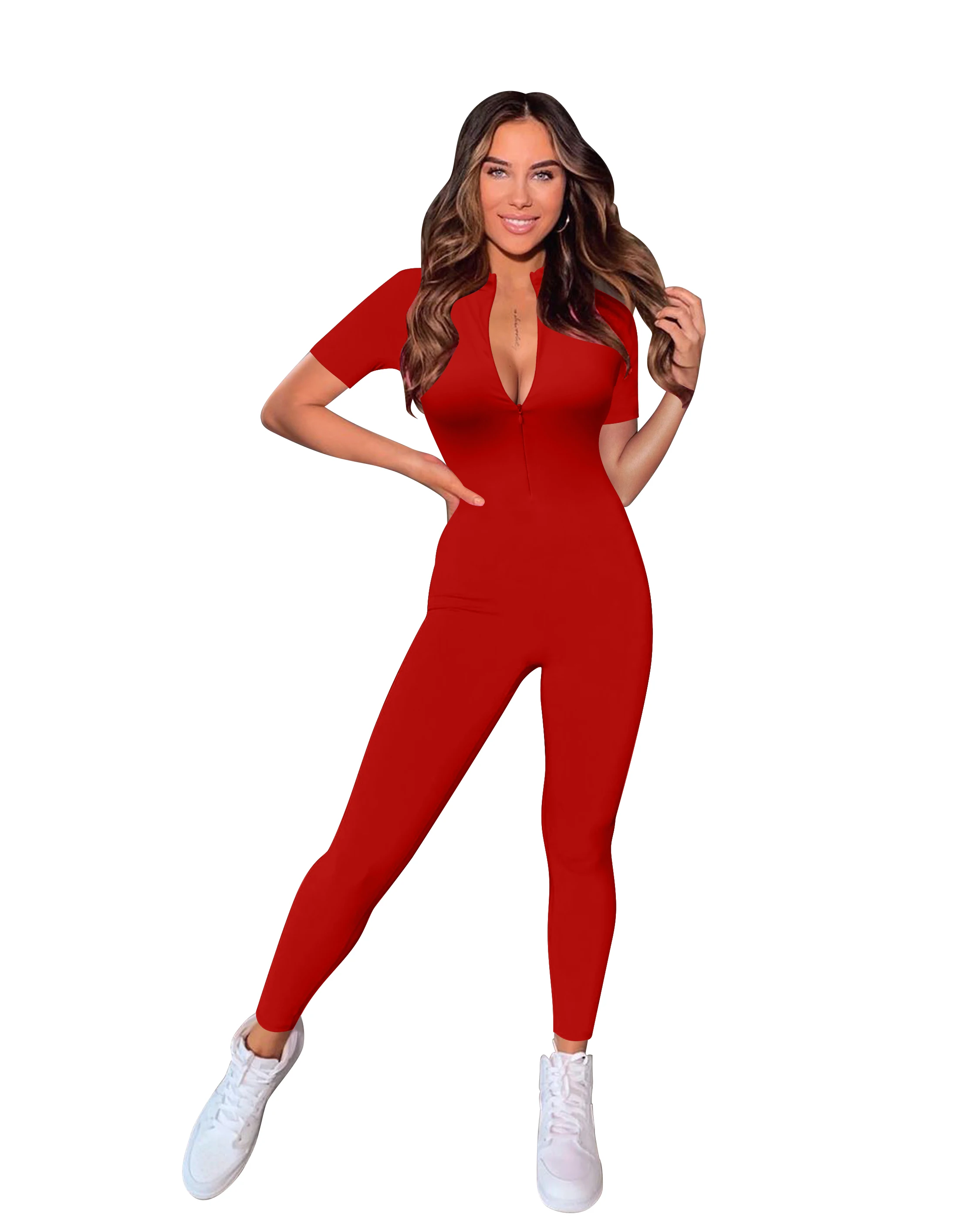 New Autumn and Winter 2023 Short Sleeve V Neck  Bodycon Jumpsuit Full Lengt Rompers Women Jumpsuits