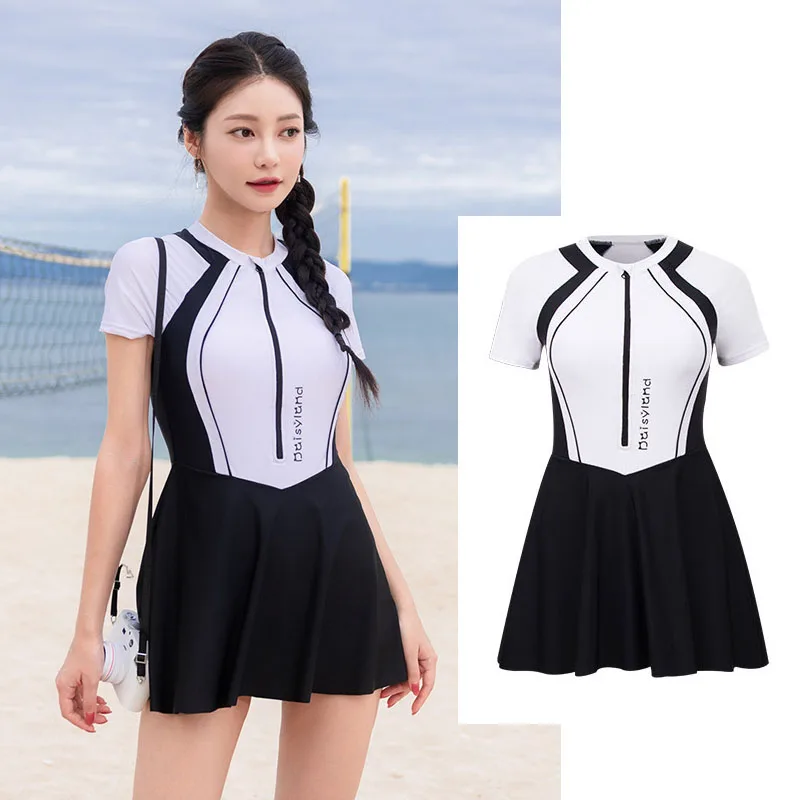 

Short Sleeve Swimsuits for Women One Piece Bathing Suit Rash Guard Swimdress Surfing Wetsuit Swimwear Skirt with Boyshorts