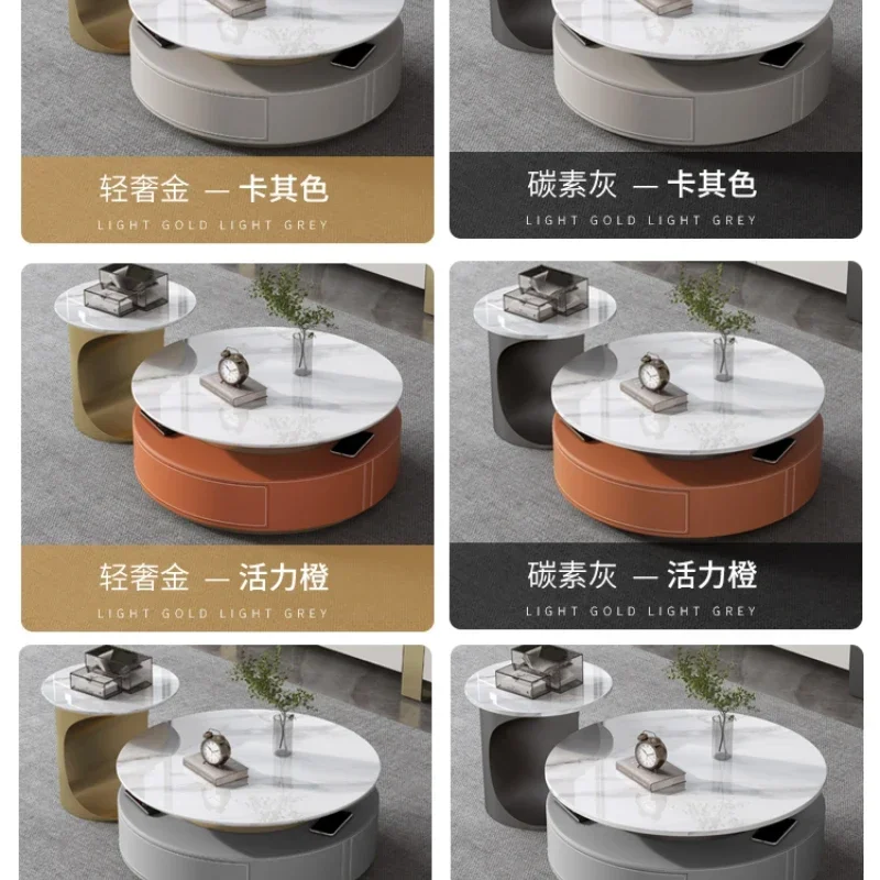 

Легкий роскошный минималистичный современный кожаный журнальный столик с каменной тарелкой, круглый размер, зона сборки, ящик