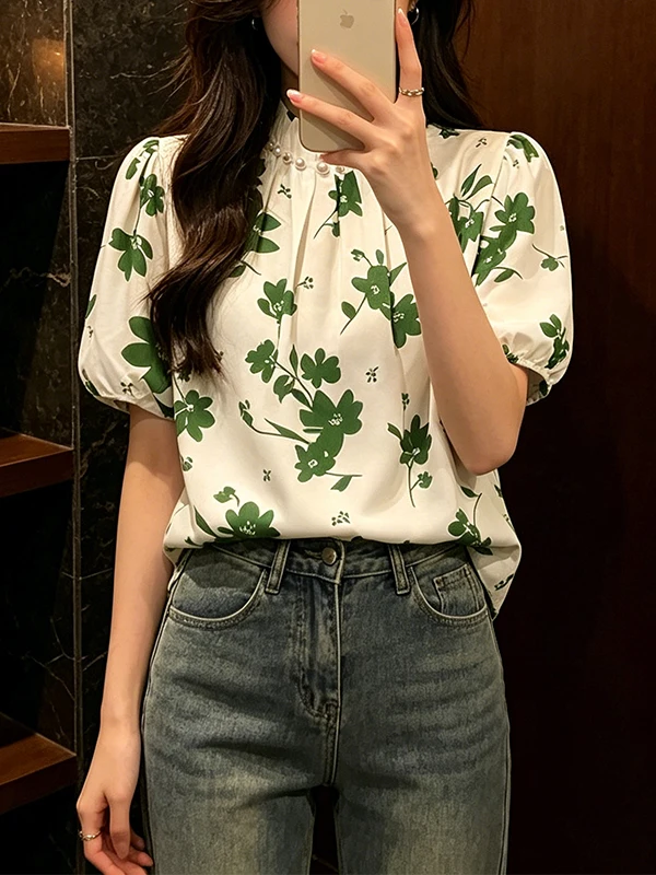 

plus Size Sweet Floral Print Loose Fit Bubble Sleeve Shirt Women's Summer New Style Cover Belly Slimming Versatile Top