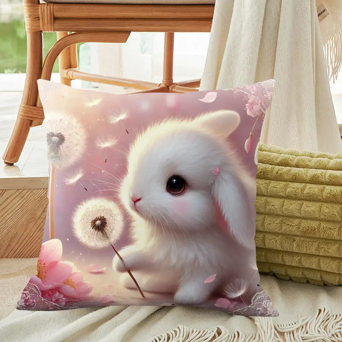 1pc Cute Pink Bunny Dandelion Double‑Sided Print Pillow Cover, Cushion Case for Sofa Bedroom, Insert Not Included, Home Decor