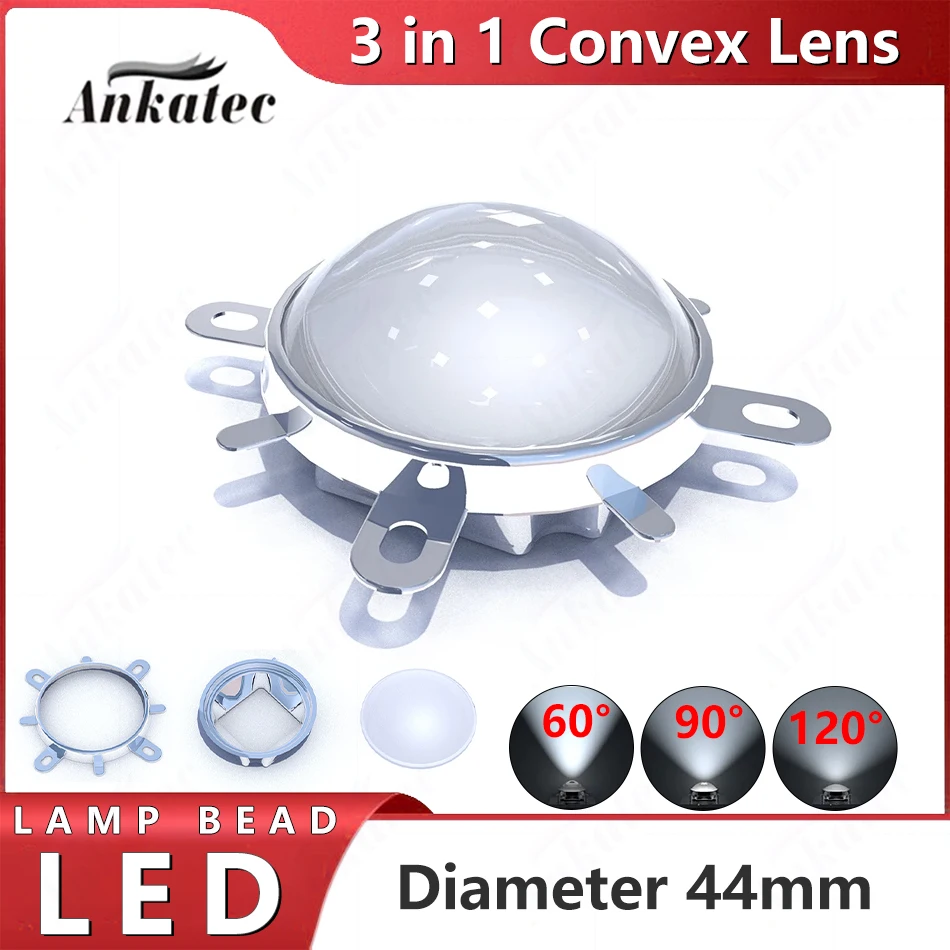 Zestaw 3 w 1 44mm soczewka LED ze szkła optycznego 60 120 stopni + kolimator odbłyśnikowy 50mm + wspornik stały dla chipów COB 20W 30W 50W 100W