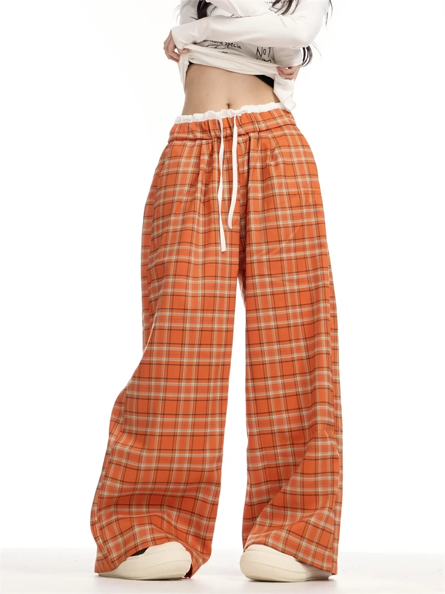 กางเกงลำลองลายสก็อตสีส้มสไตล์อเมริกันย้อนยุคทรงหลวมเอวสูงขาตรงยาวสำหรับผู้หญิง ใส่ได้หลายโอกาส