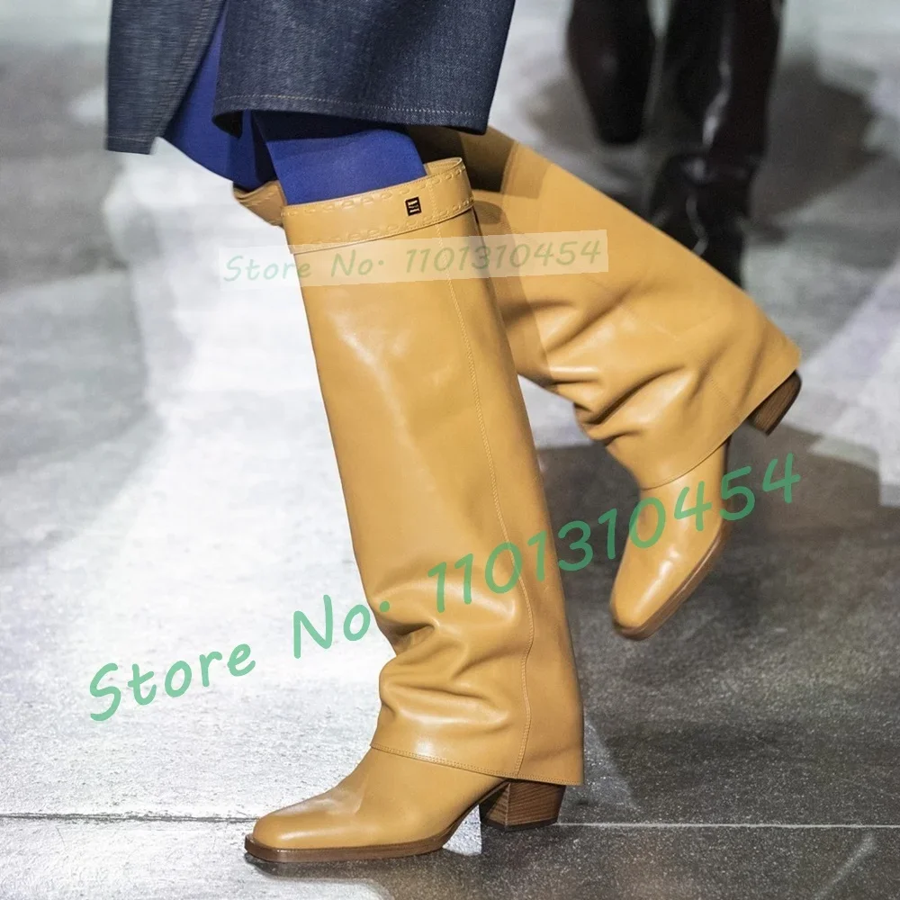 

Square Toe Fold Over Knee High Boots Women Catwalk Fashion Olive Green Block Heels Long Boots Cool Novelty Autumn Beige Shoes