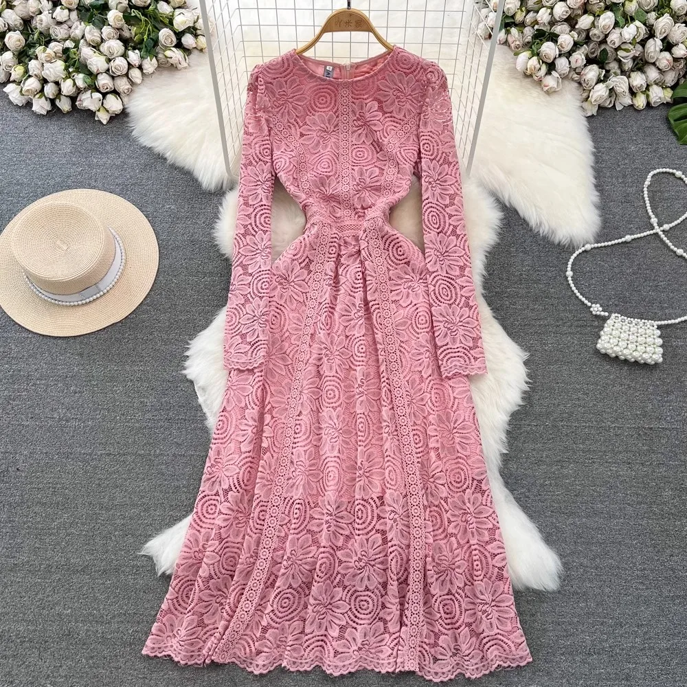 High Quality New 2024 Spring Women Lace O Neck Long Sleeve Temperment Fashion Elegant Casual Party Dresses