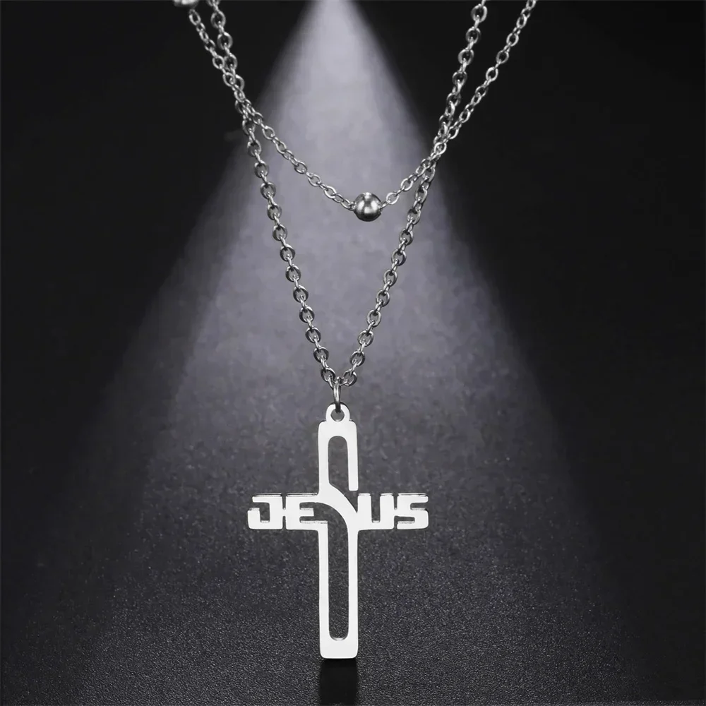 

My Shape Fashion Jesus Cross Pendants Necklace for Women Men Stainless Steel Choker Necklaces Chain Retro Christian Jewelry Gift