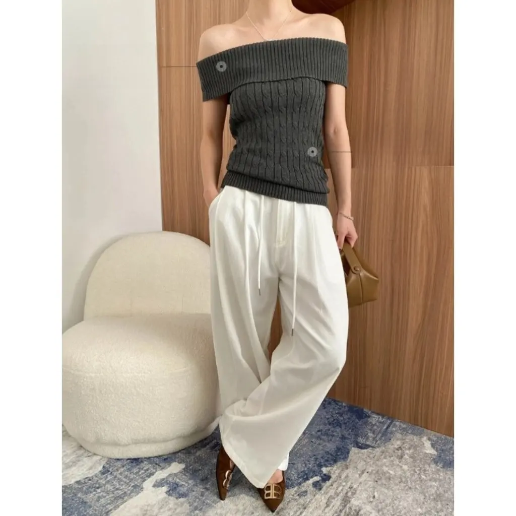 

Sinan Slim Fit вязаный свитер с открытыми плечами и лацканами Tencel Fashion Blogger Feng SN7224