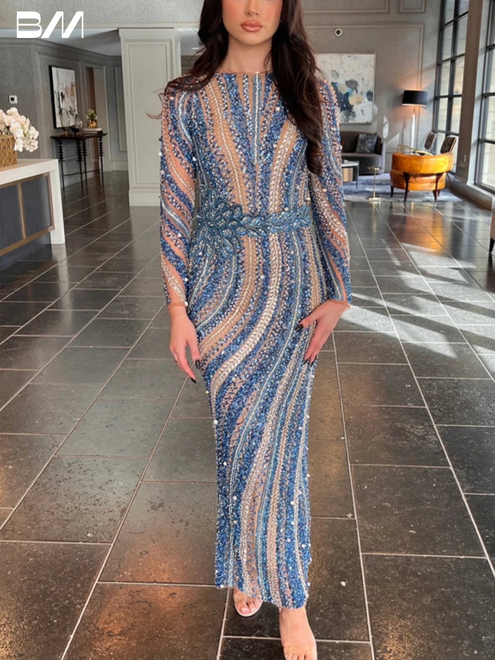 Blue Beaded Sheath Formal Occasion Dress Long Sleeve Prom Dress Elegant O Neck Sexy Illusion Women Couture Women Maxi Party Gown