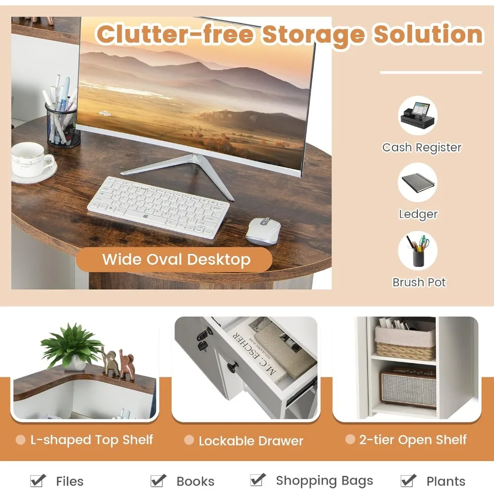 Reception Desk, Front Counter Desk with Lockable Drawer & Adjustable Shelf, Oval Desktop, Retail Counter for Checkout