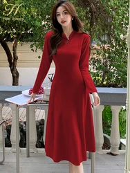 H Han Queen 2024 Zwycięzca na jesień \ Eleganckie sukienki imprezowe A-Line Rozciągliwy sweter z dzianiny Vestidos Z długim rękawem Casual Office Midi Dress