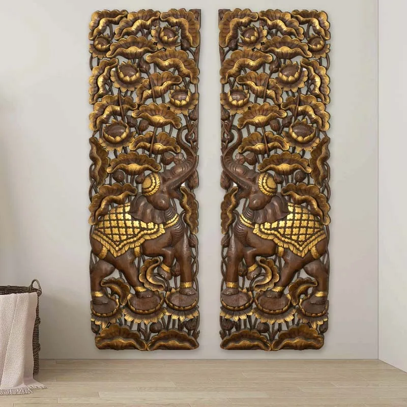 Imported teak wood carving board TV background wall elephant carving board Thai club restaurant entrance wall pendant