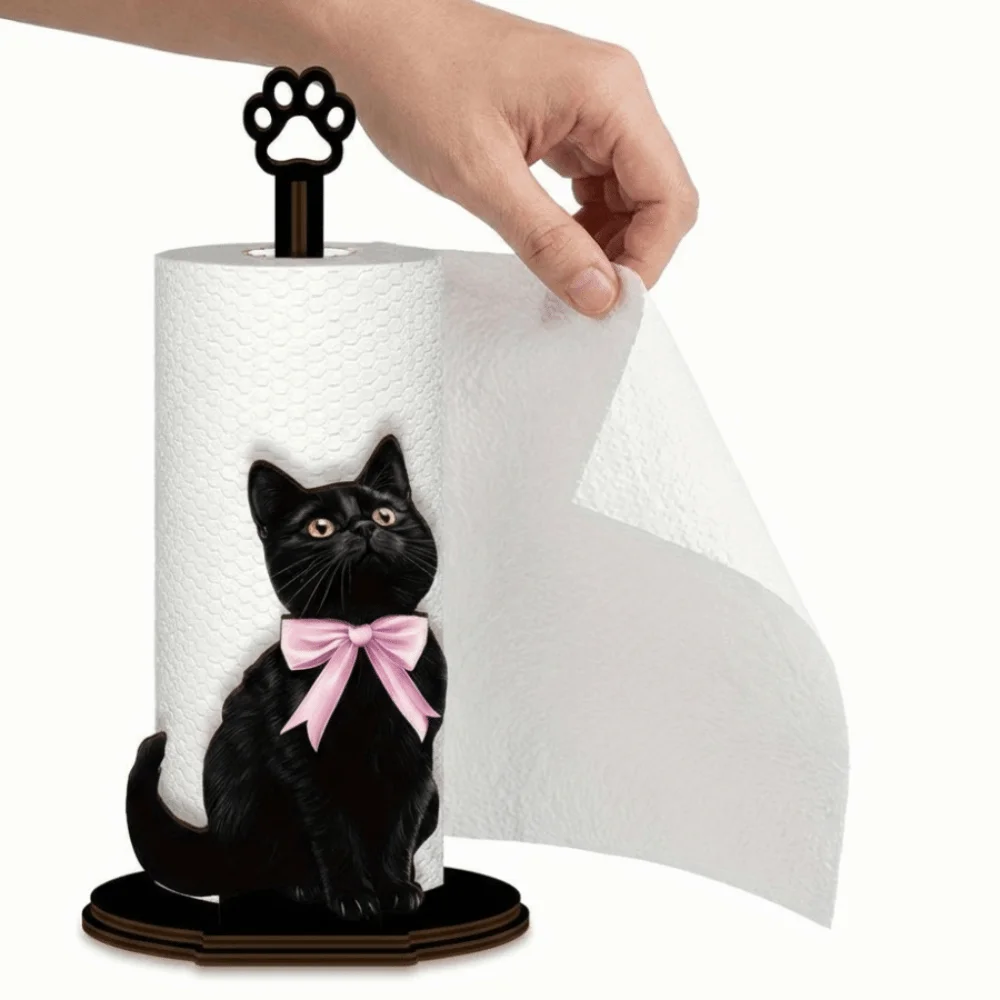 

Wooden Base Black Cat Tissue Holder Desktop Decoration Cartoon Bow Kitty Kitchen Towel Rack Cute Food Wrap Storage Rack