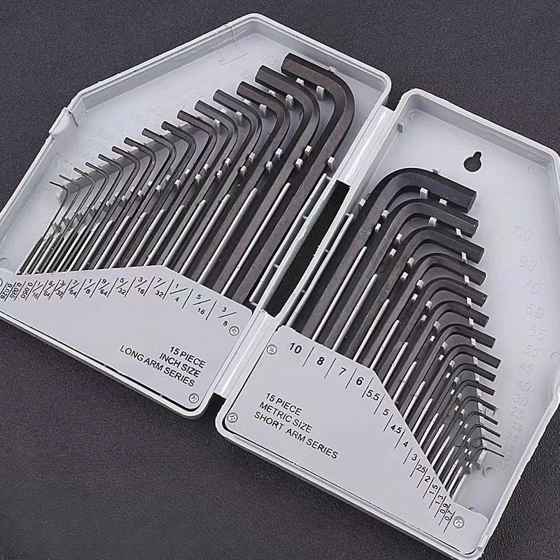 30Pcs L-shaped Hexagonal Wrench Metric Imperial Set SAE Metric 0.028-3/8 Inch 0.7-10mm Long Arm Cr-V Steel Hand Repair Tool Kit