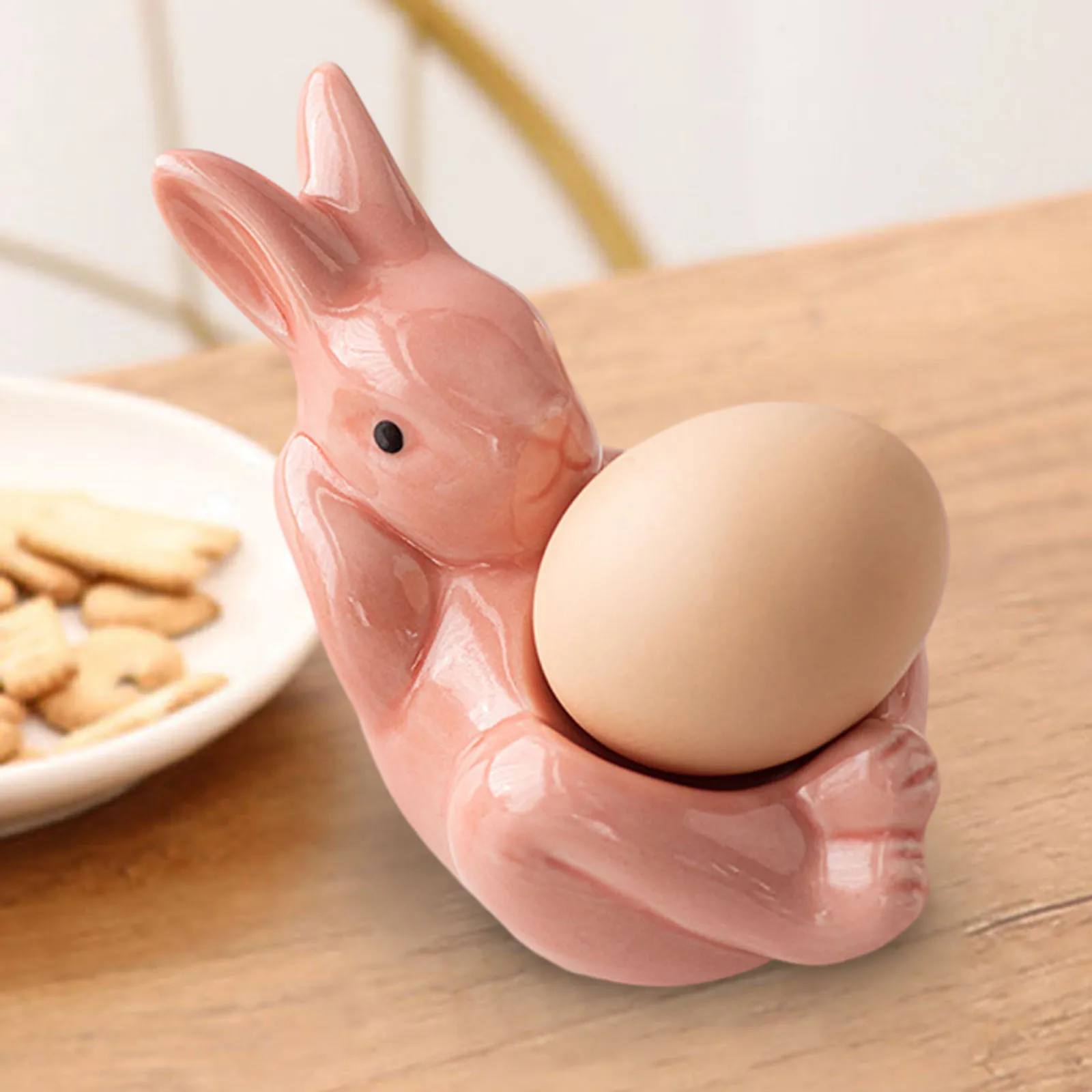 Ceramic Rabbit Egg Cup Easter Bunny Egg Stand Easter Tabletop Figurine for Hard Boiled Eggs Egg Holder for Lunch Breakfast