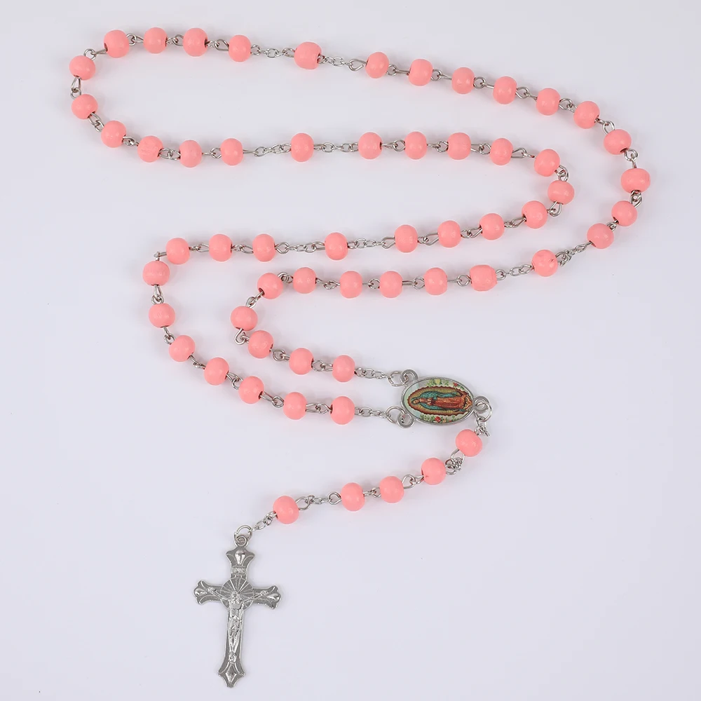 Blaue Rosenkranzkette für Damen und Herren, 6 mm, aus Holz, lange Kette, religiöser Anhänger mit der Jungfrau Maria und einem Kreuz, Herrenschmuck für Partys, Geschenk. – Detail 25