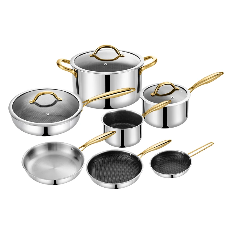 Tri Ply Stainless Steel Golden Plating Handle Cookware Set Nonstick Induction Kitchenware Pots and Pans