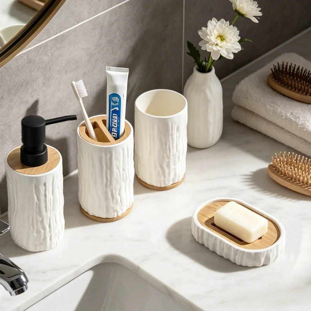 

4Pcs White Bathroom Accessories Set 300ML ABS with Bamboo Bark Texture Design Soap Dispenser Toothbrush Holder Cup Soap Dish