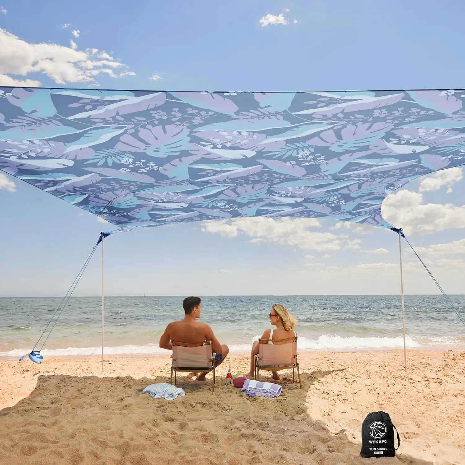 Beach Tent Sun Shelter - Easy Setup Beach Canopy with 4 Sturdy Poles, Large Sandbags and Shovel, 7'1'' Tall, Windproof Beach Sun