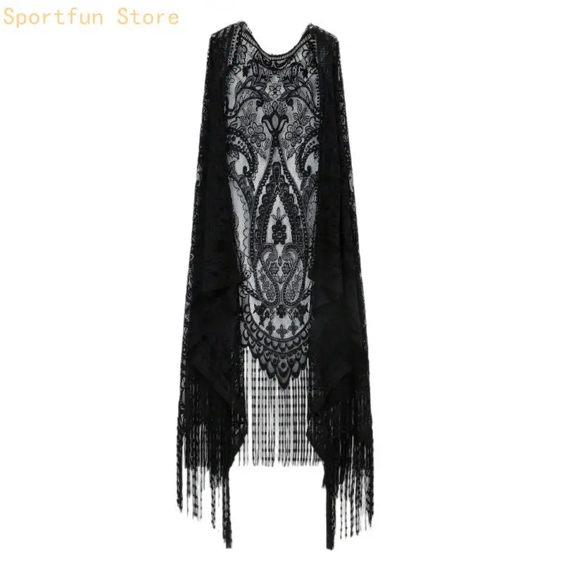 Hollowed out Lace Women Vest with Long Tassels Sleeveless Cardigan Top Beach Coverup For Beach Vacation Or Daily Wear X7JD