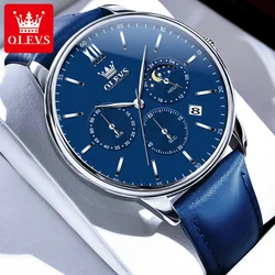 OLEVS Brand New Business Mens Watches Fashion Blue Leather Waterproof Date Luxury Moon Phases Chronograph Quartz Watch for Men