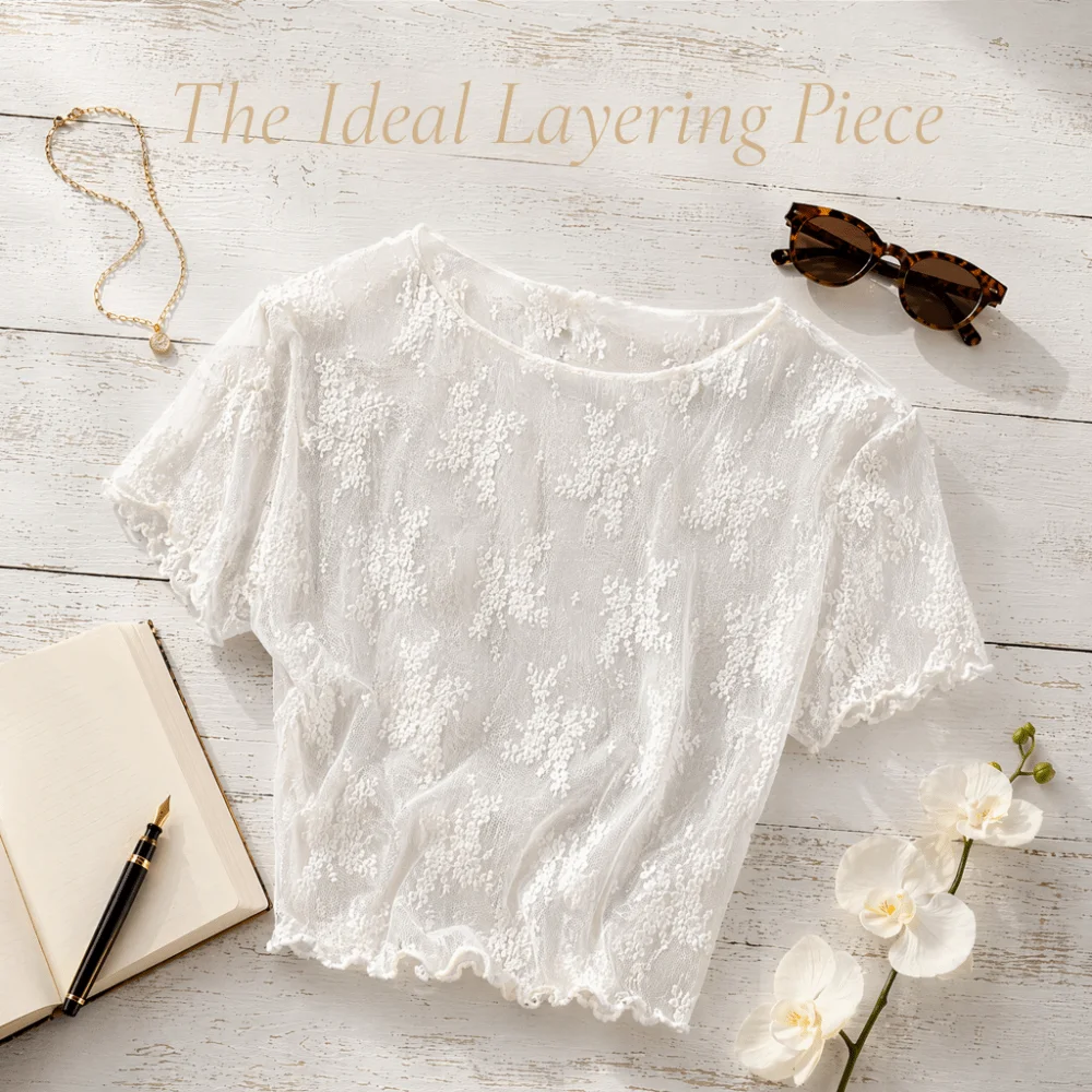 Fashion Nylon Lace Short Sleeve Top Short Sleeve Thin Light Fabric Hollow Out Layering Tee Breathable Sheer Mesh Blouse Women