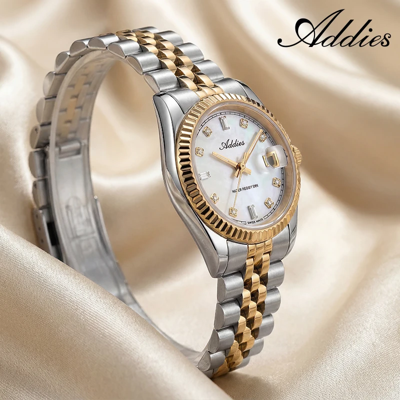 ADDIES Luxury Gold Ladies Watch Swiss 585 Calendar Sapphire Glass Women's Quartz Watches Original Stainless Steel Wristwatches