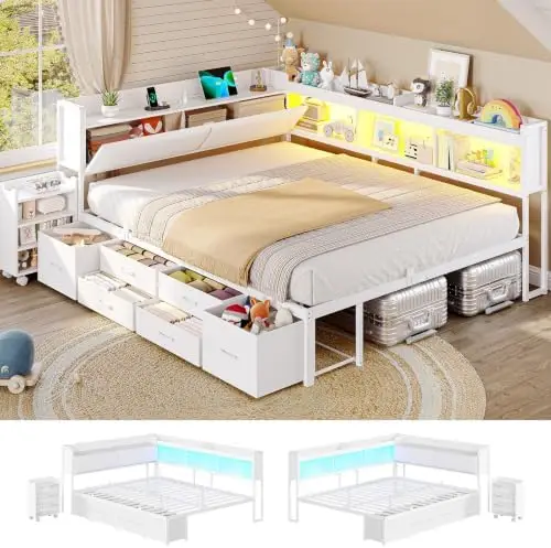 14 Inch Corner Bed Frame with Pull-Out Cabinet, Bookcase & Headboad Storage, Full LED Daybed with 6 Drawers, Charging