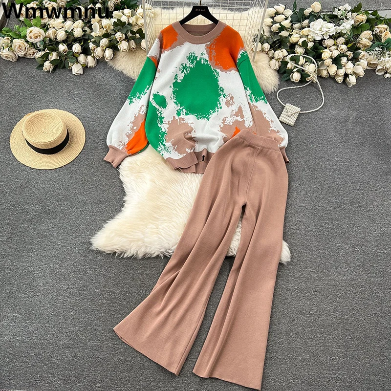 Autumn Knitted Conjuntos Fashion Jacquard Lantern Sleeve Pullover + High Waist Wide Leg Pants Outfit Korean Womens Sweater Sets