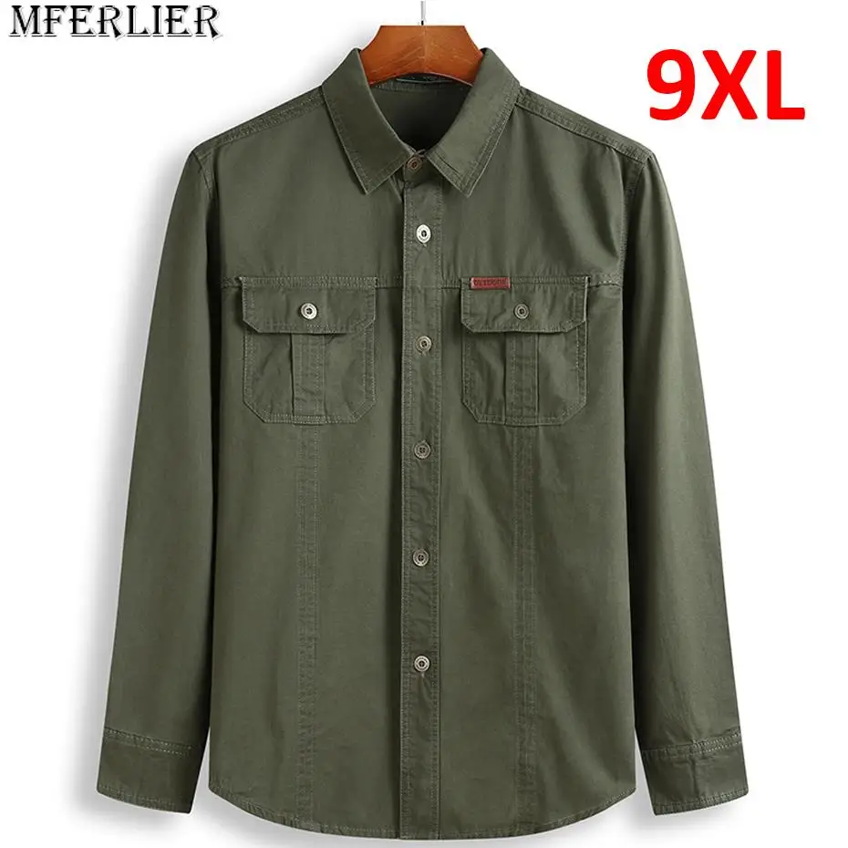 

Plus Size 8XL 10XL Shirt Men Long Sleeve Shirts Spring Autumn Blouse Big Size 10XL Cotton Shirt Outdoor Jacket Green