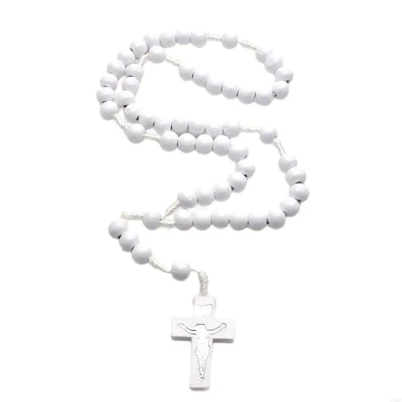 

92MF Comfortable Touch White Beaded Rosary with Crosses for Religious Ceremonies