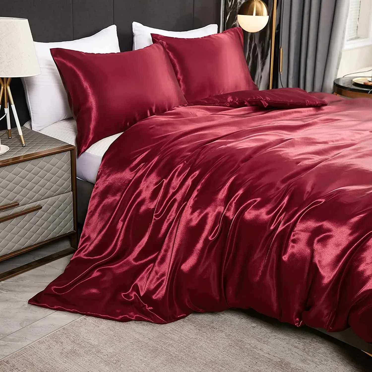 2/3pc Satin Duvet Cover Bedding Set,For Queen King Size Bed Comforter Quilt Cover Arranged Silk like Bedding Linen Sheets Sets