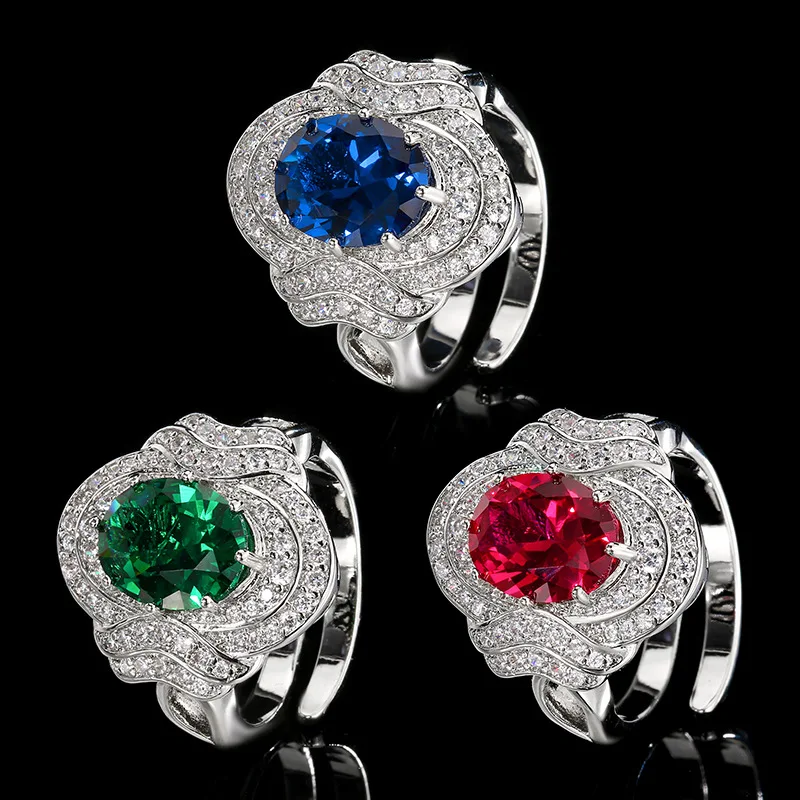 

Emerald Green Red Oval Cut Adjustable Ring Vintage Cubic Zirconia Sparkling Crystal-Encrusted Cocktail Statement Women's Jewelry