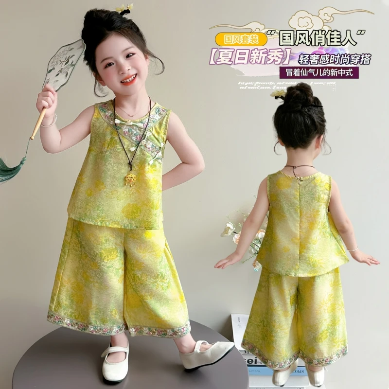Girls Summer Thin Sleeveless Traditional Chinese Outfit, Floral Print Embroidery Trim Wide Leg Culottes 2 Piece Kids Set