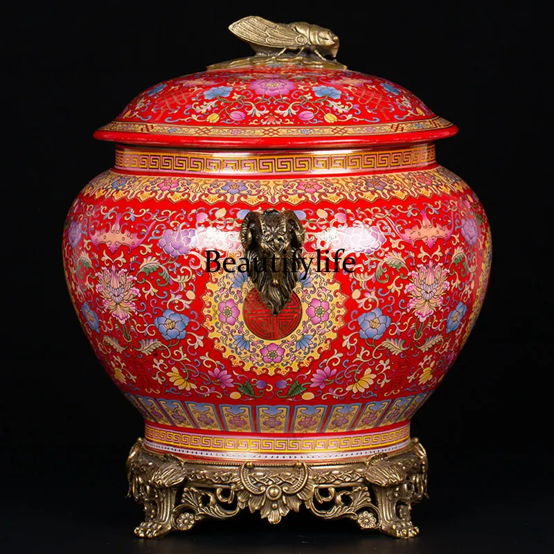 Red enamel color entangled lotus longevity character with copper cicada sheep head tea pot Jingdezhen porcelain ornament