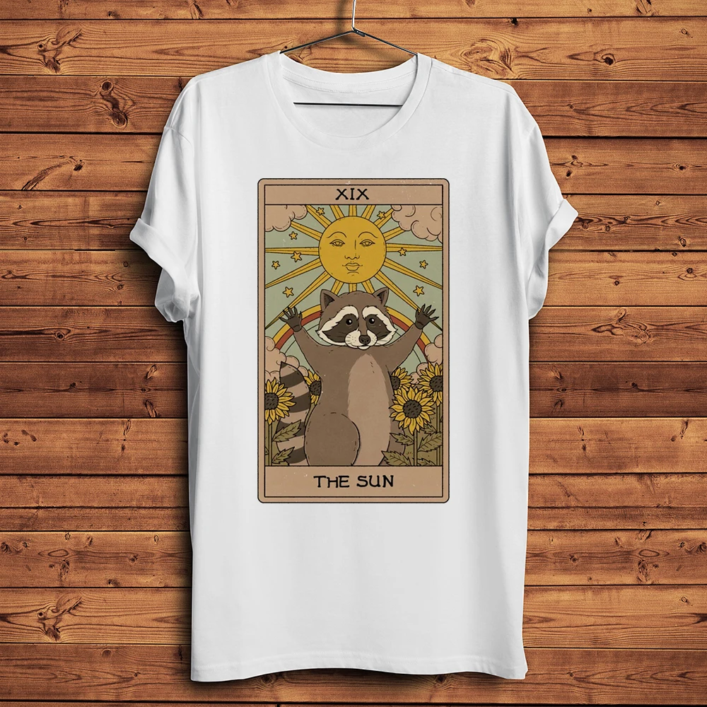 sun moon devil Raccoon Tarot Funny T Shirt Men Homme White Casual Short sleeve Tshirt Unisex vintage Streetwear Tee no-sticker