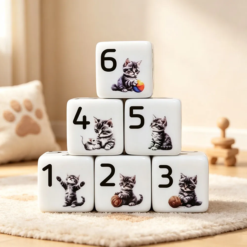 12 Stück 16MM D6 Bedruckte Acryl-Würfel mit Niedlichem Tabby-Kätzchen-Motiv, 1-6-Seitige Würfel für Tabletop-RPG, Tischdekoration, Festtags-Party-Geschenk, Sammlerstück