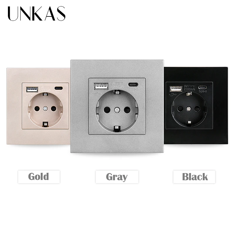 UNKAS PC Panel Abu-abu EU Wall Power Socket Holder Rusia Type-c USB Outlet Spanyol Plastik Jerman Triple Electric Fast Charging