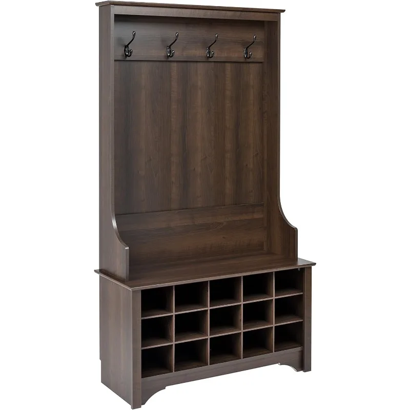 

Prepac Entryway Organizer with 4 Coat Hooks, Coat Rack Hall Tree with Bench and Coat Storage, with 15 Cubbies for Shoe Storage