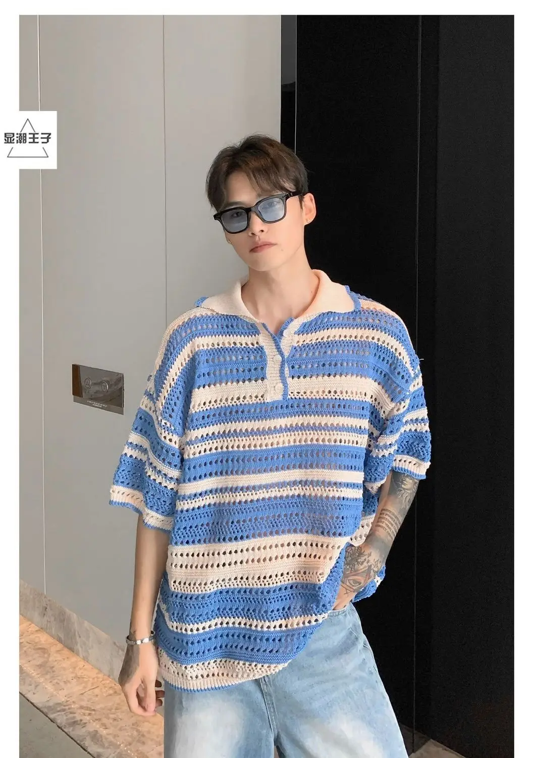 American retro striped contrasting knitted polo shirt loose summer new style casual short-sleeved lapel design men clothing top