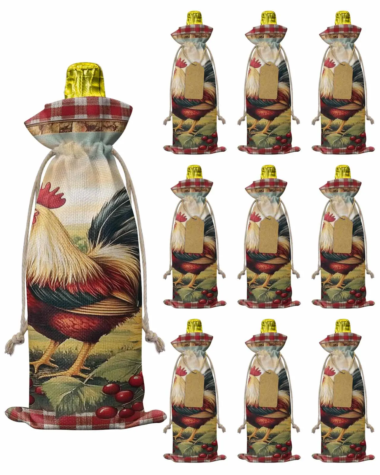 

10pcs Wine Bottle Covers Vintage Farm Rooster Plaid Wine Holder Carrier Packaging Bag Wedding Party Decor Gift