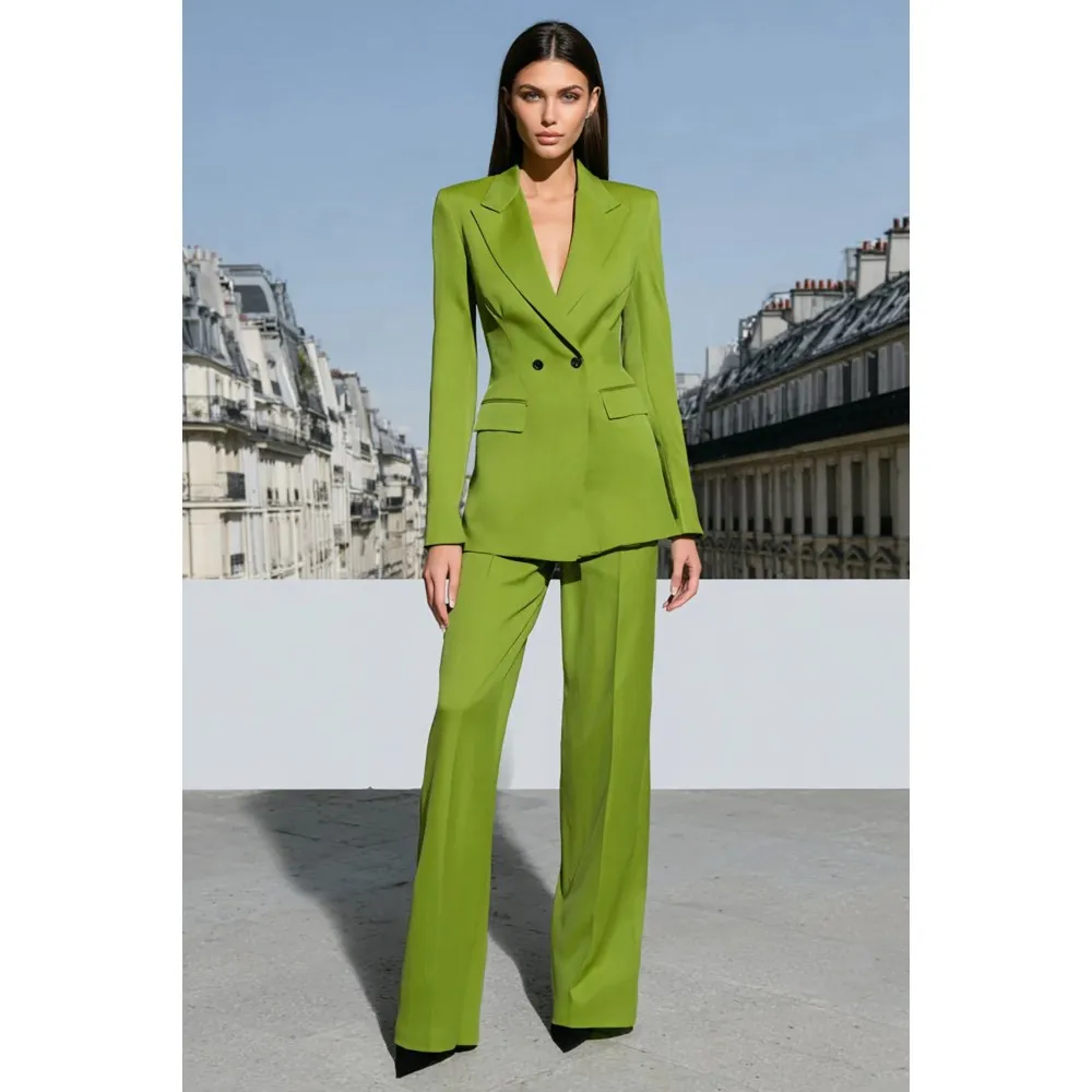 

Женский двухбортный ярко-зеленый костюм с широкими штанинами в деловом стиле