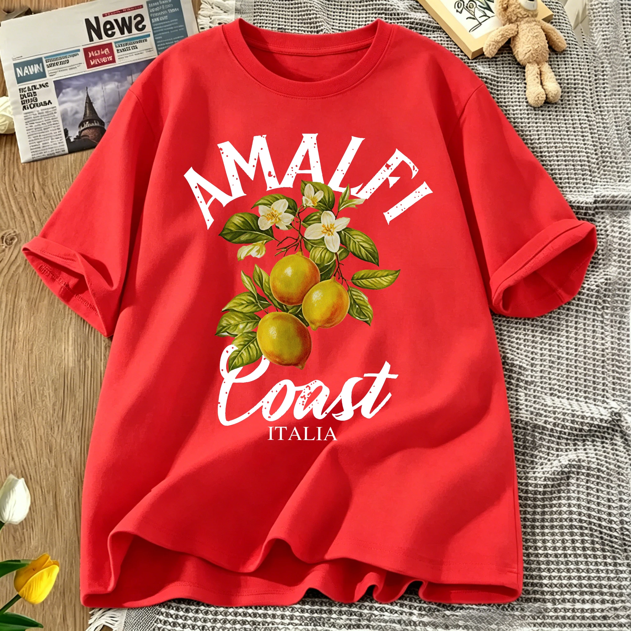 Amalfi Coast Lemon & Fruit Prints Short Sleeve Women Cotton Y2K Crewneck T-Shirt Summer Loose T Shirt All-Match Soft Top