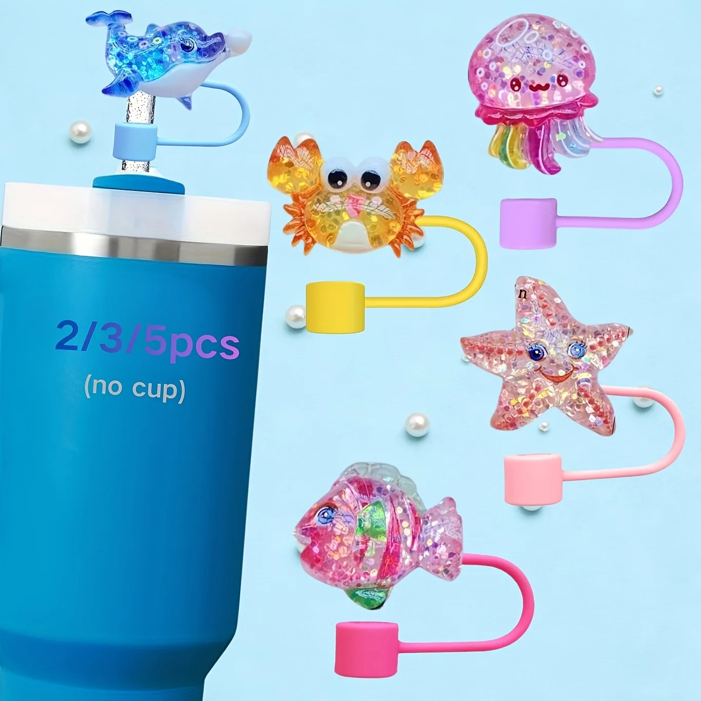 DIY Resin Flashing Straw Cap Sea Theme Simulation Cartoon Butterfly Straw Cover Dustproof Plug Shiny Ocean Straws Accessories