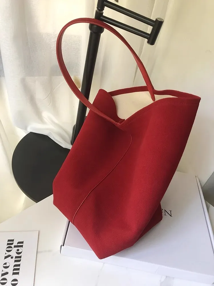 Women Casual Tote Fashion Handbag Large Capacity Bucket Bag Solid Color Office Ladies New Single Shoulder Cow Suede Armpit Bags