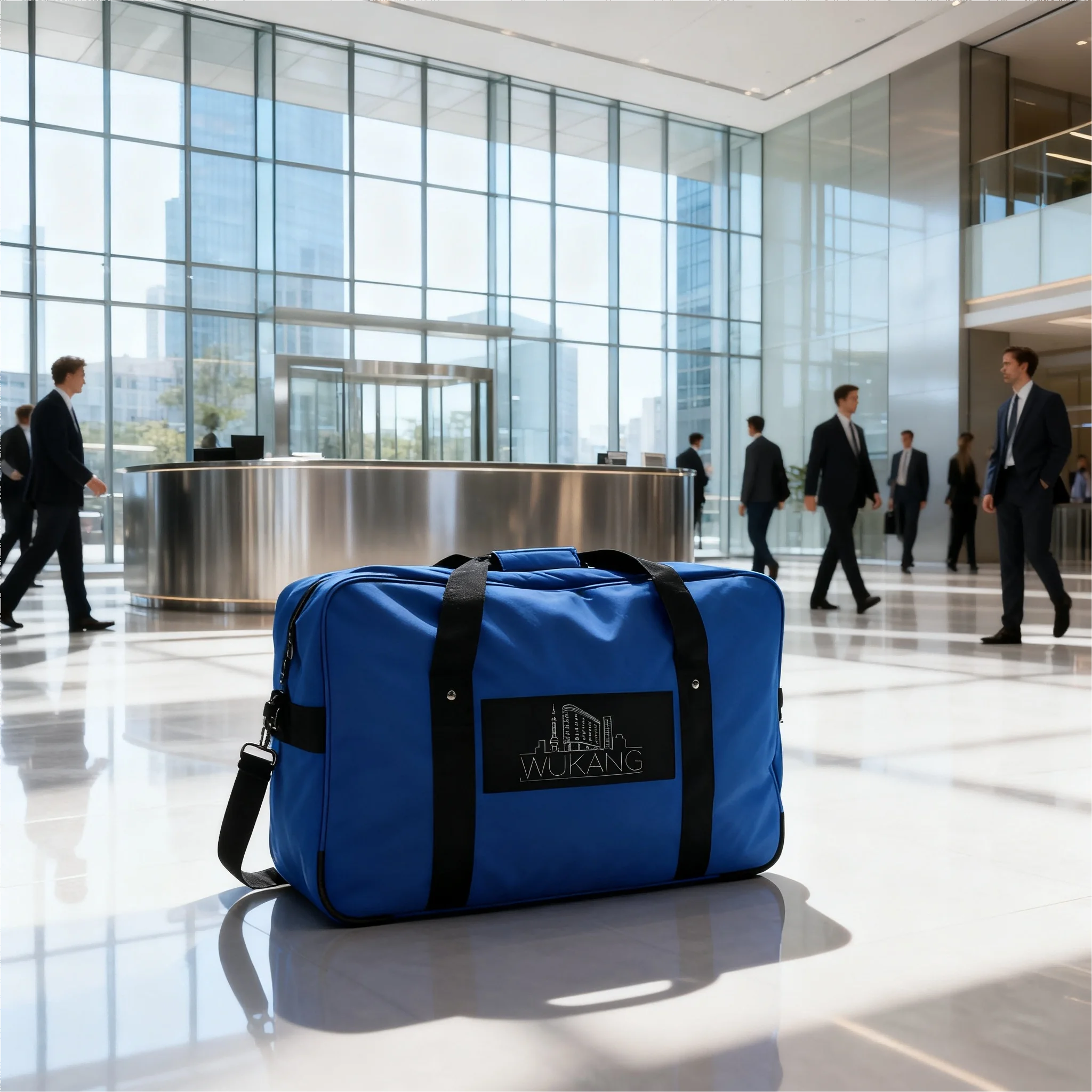 Borsa da viaggio blu con logo Wukang da 1 pezzo, durevole ed elegante, perfetta per le scariche del fine settimana